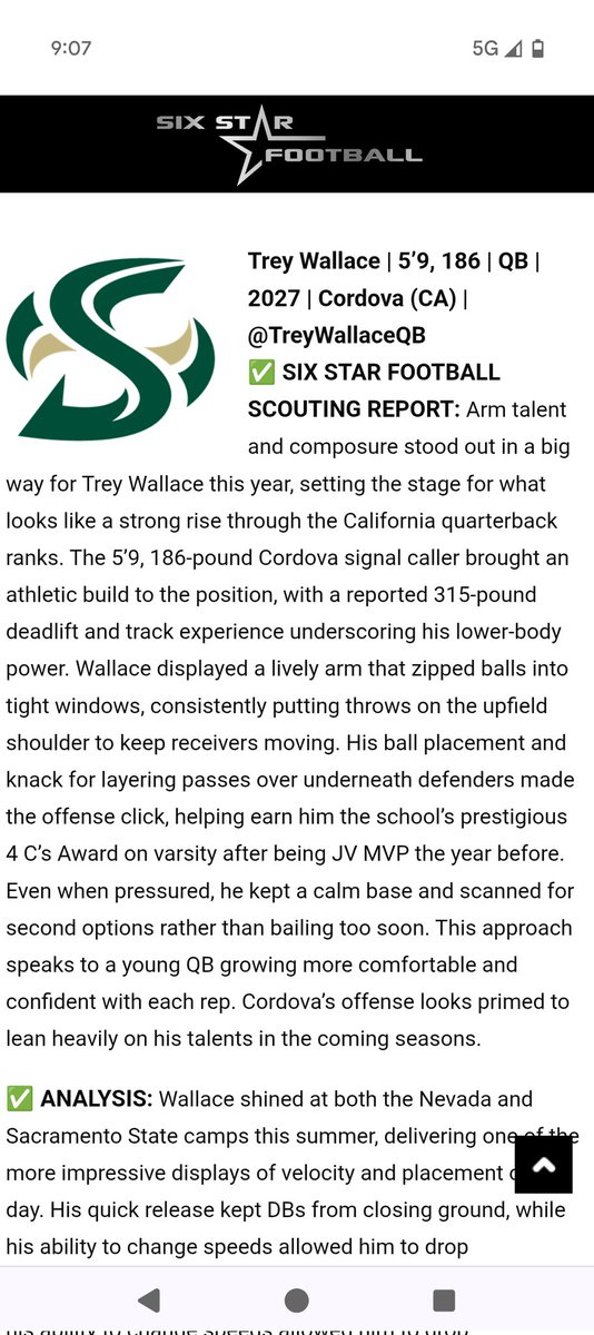 TreyWallaceQB's tweet image. Big thanks to @sixstarfootball for the coverage in their article about the Sac State and Nevada camps I attended. Honored to be mentioned and always working to get better! 🙏🏾 #KeepPushing #hardworkpaysoff #footballgrind @chslancerfb  @CordovaSports @CoachDolliver @tamez209