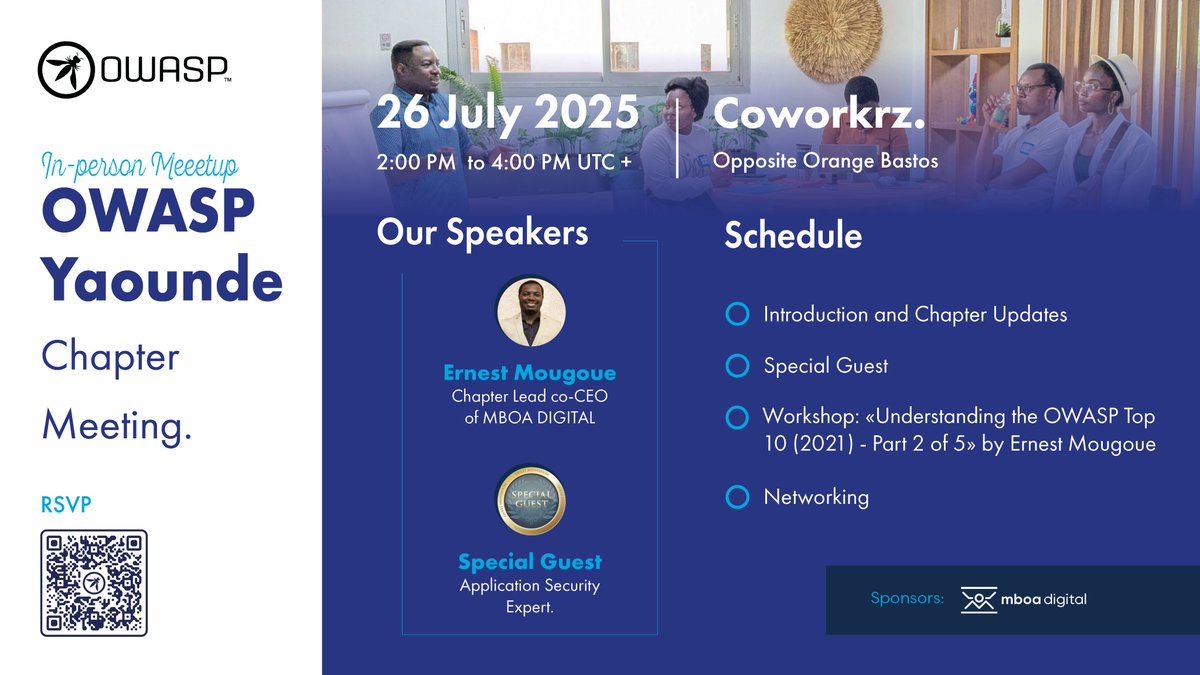 OWASPYaounde's tweet image. 𝐏𝐫𝐞́𝐩𝐚𝐫𝐞𝐳-𝐯𝐨𝐮𝐬 𝐩𝐨𝐮𝐫 𝐧𝐨𝐭𝐫𝐞 𝐞́𝐯𝐞́𝐧𝐞𝐦𝐞𝐧𝐭 𝐝𝐞 𝐉𝐮𝐢𝐥𝐥𝐞𝐭!
Nous partagerons les dernières mises à jour du chapitre OWASP Yaoundé et poursuivrons avec la deuxième partie de notre atelier sur le OWASP Top 10 (2021).  
1/4