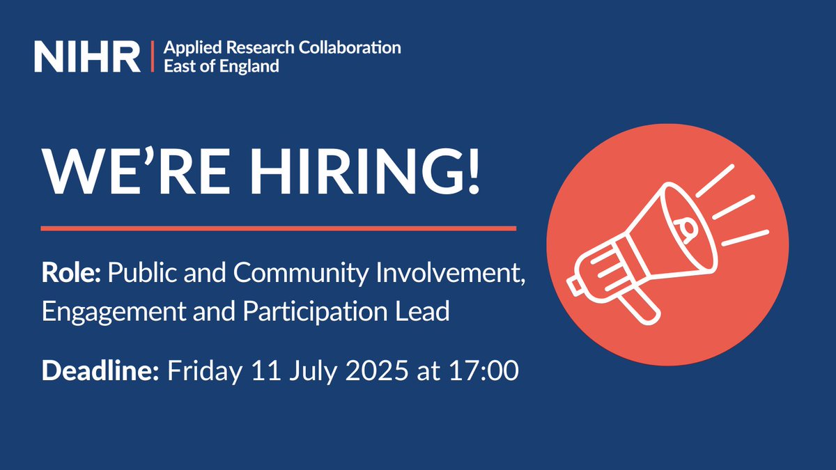 ARC_EoE's tweet image. 🚨 We're hiring a part-time Public and Community Involvement, Engagement, and Participation Lead to cover a maternity leave. You will lead the PCIEP workstream and drive the effective implementation of our strategy.
Deadline: Friday 11 July, 17:00
Apply! arc-eoe.nihr.ac.uk/news-blogs/new…