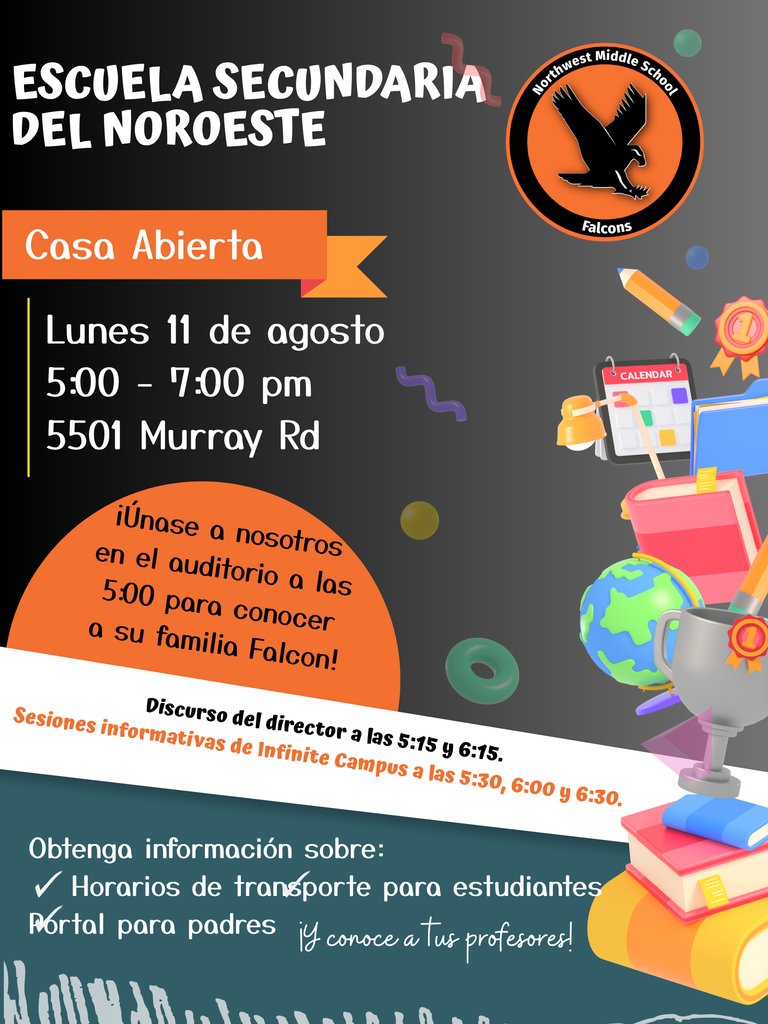 🎉📚 Save the Date! 📚🎉
We’re excited to welcome our Falcon Family back for Open House 2025 at Northwest Middle School!

Let’s get ready for an amazing school year! #FalconPride #OpenHouse2025 #NWMS