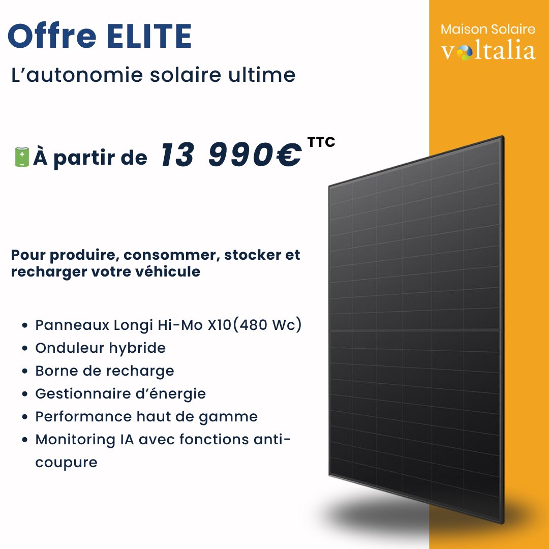 MSolaireVLT's tweet photo. 🚀 Offre ÉLITE – À partir de 13 990€

L’autonomie solaire tout inclus :

✅ Panneaux Longi Hi-Mo X10
✅ Batterie + onduleur hybride Beem
✅ Borne de recharge Wallbox
✅ Gestionnaire d’énergie IA
✅ Fonctions bidirectionnelles V2H/V2G
👉 Une solution premium, prête pour l’avenir. https://t.co/1AkY8KdkA0