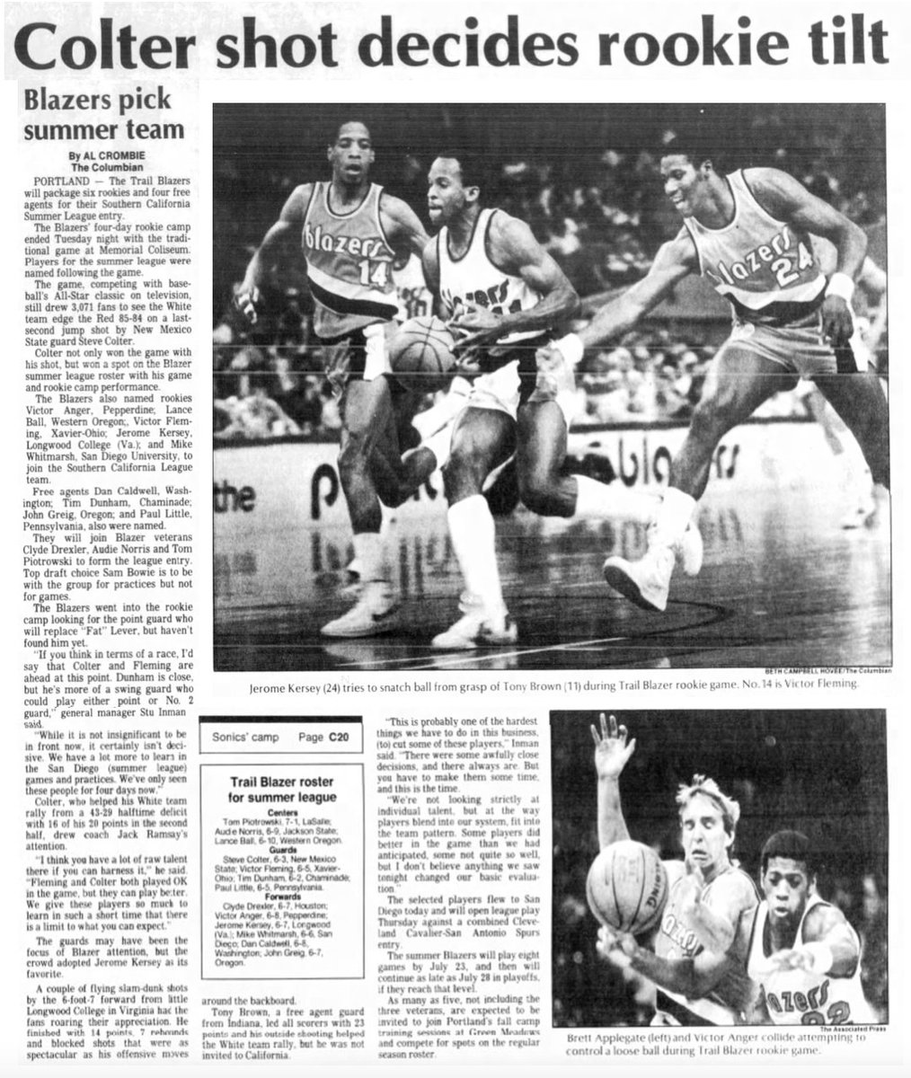 77Blazers's tweet photo. July 10, 1984 - The @trailblazers Rookie camp concluded with a tight, competitive game that ended on a last-second shot by rookie #SteveColter to give the White Team an 85-84 win against the Red Team in front of 3,071 fans at the #MemorialColiseum.
Colter, a second round pick from @nmsu, finished with 20 points and earned a spot on the #Blazers #SummerLeague roster. #DanCaldwell of @UW added 16 more points and 10 rebounds for the White squad and will join Colter in Los Angeles. Tony Brown of @IUHoosiers led all scorers with 23 points, but was not invited to join the summer squad.
For the RedTeam, @JeromeKersey25 from @longwoodu and #TimDunham of @SwordsMBB each scored 14 points and earned roster spots in Los Angeles as well. A surprise player to earn a run in the #SummerLeague is #LanceBall who attended @WesternOregonU. Ball averaged 15.7 points and 9.6 rebounds for the #NAIA #Wolves.
Before the main event, a team of Ex-#Portland players took on a team of former @SeattleSonics players, with the #SuperSonics pulling out the win, with a little help.
The #Sonics only had four players show up so former #Blazers forward #GregSmith joined #SlickWatts, #LeonardGray, #HenryAkin, and #TalSkinner.
The #Portland team consisted of #LaRueMartin, #DannyAnderson, #LarrySteele, #LeRoyEllis, and #DarrallImhoff.
Most likely, this is the first Blazers Alumni game, but @blazercollector would know that answer. The team would travel around Oregon and help raise for money for various charitable organizations for manny years.
#RipCity #ThisDateinBlazersHistory #OTD