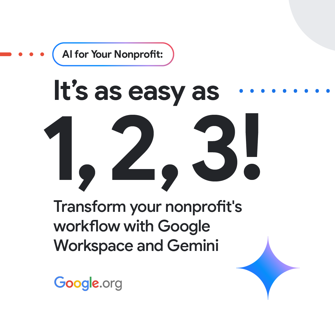 Googleorg's tweet image. Time is one of a nonprofit’s most valuable resources and we want to help maximize it.
Discover how #Gemini in @GoogleWorkspace helps complete tasks more quickly and efficiently, while freeing up your team to focus on mission-critical work. Get started: goo.gle/3E9tLLQ