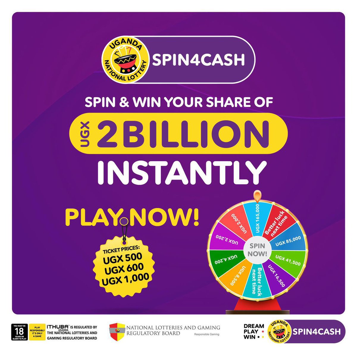 iWantGloria_'s tweet photo. Win instant prizes worth UGX 2 Billion 
Register now: https://t.co/DAru0GnfRs
Play #SPIN4CASH today.
Only for players 18 and over. Play responsibly.
#UgandaNationalLottery https://t.co/SZRkNHpzJx