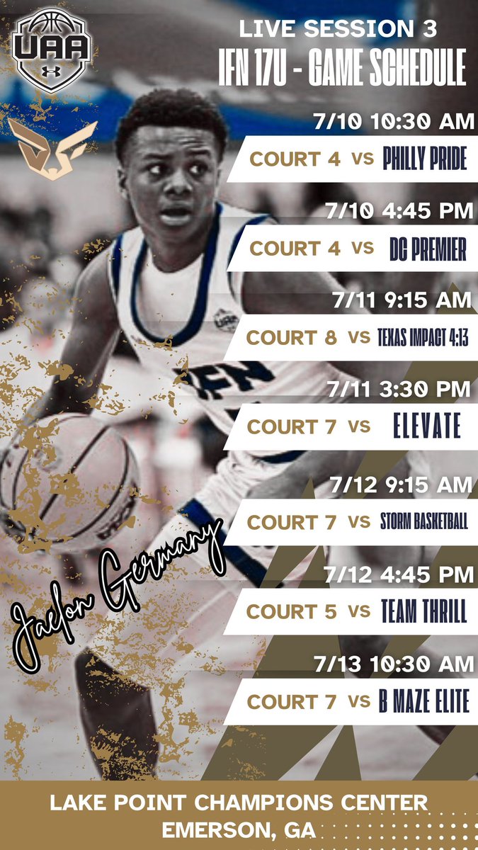 JaelonGermany's tweet image. 🚨 LIVE PERIOD SCHEDULE 🚨
UAA SESSION 3 — ATLANTA
@IFN2026 is locked in. Come watch us work.
It's Fox Nation - 17U UAA - UA Next Circuit
basketball.exposureevents.com/241210/ua-next…
📍LakePoint Indoor Pavilion (Emerson, GA)
#UAA #LivePeriod #IFN2026 #AtlantaHoops #NextUp