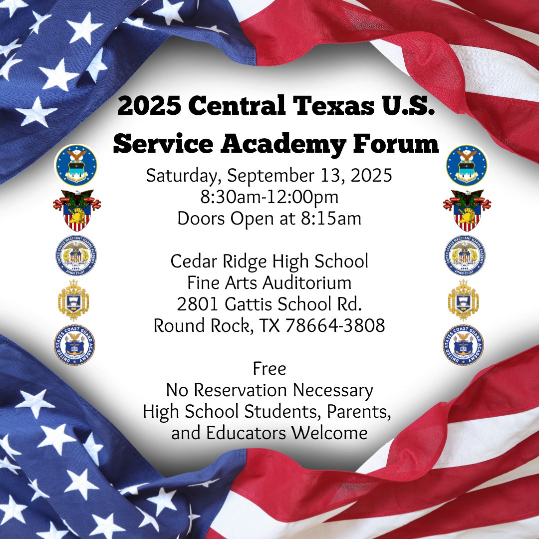 Interested in serving your country through a future at a U.S. Service Academy? Join us in Round Rock for the 2025 Central Texas Service Academy Forum on Saturday, September 13, an informational event co-hosted by the Offices of Senator Cruz, Senator Cornyn, Congressman Sessions