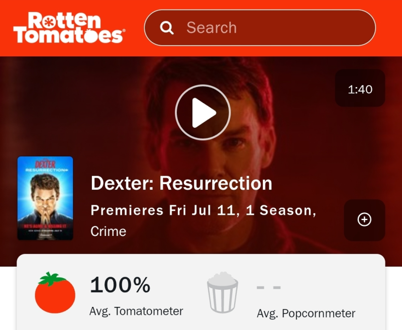 DexterDaily's tweet photo. First reviews are in! ❤️‍🔥

Dexter: Resurrection Season 1 Debuts with 100% on Rotten Tomatoes
https://t.co/6dOYLlD9Xu

#DexterResurrection #Dexter https://t.co/I1RzCDWGkO