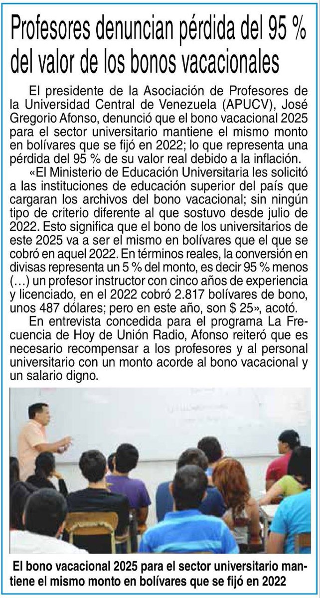 AproupelM's tweet image. EL salario,el bono vacacional y todos los beneficios salariales de los universitarios han perdido el noventa y cinco por ciento de su valor en los últimos tres años. Mientras tanto el gobierno anuncia crecimiento económico en el país y no responde a las justas demandas laborales.