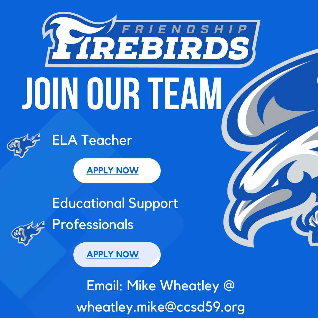 We’re hiring! Friendship JH is seeking a passionate ELA teacher to join our supportive, collaborative team.

Strong PLCs. StudySync curriculum. Great students.

Make an impact—apply now and become a Firebird!

bit.ly/4lEPFa2