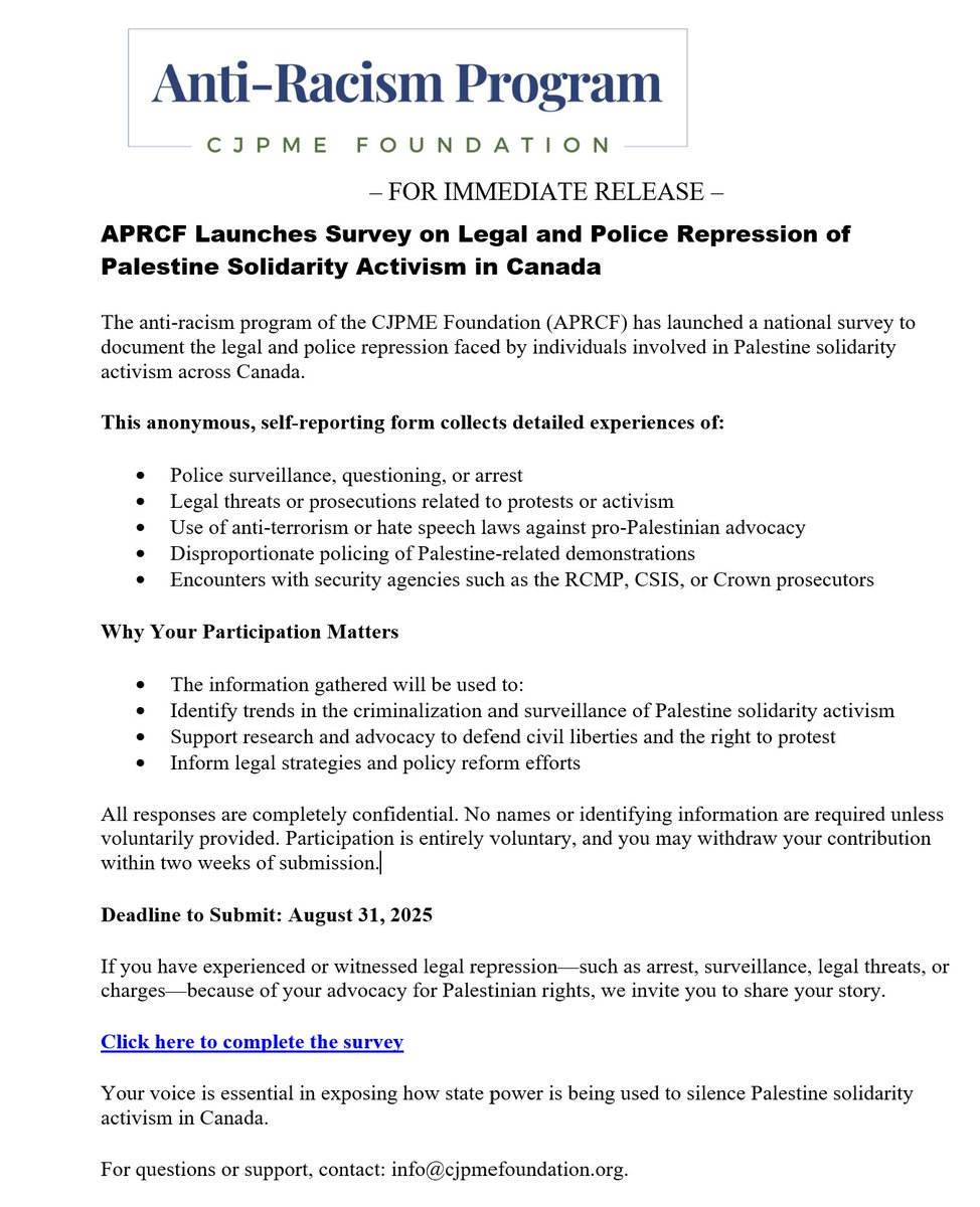 OpposeAPR's tweet image. Have you faced police surveillance, legal threats, or repression for supporting Palestine in Canada?
The ARPCF is documenting cases of criminalization  of pro-Palestinian activism. 
surveymonkey.com/r/8RCRMH3
Your voice matters now more than ever

cjpmefoundation.org/pr_2025_07_08_…