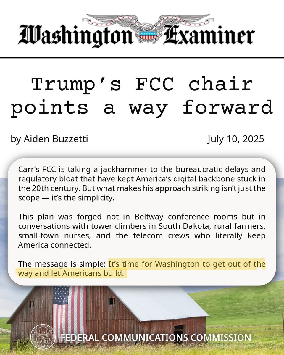 FCC (@fcc) on Twitter photo NEW in <a href="/dcexaminer/">Washington Examiner</a>: “Chairman <a href="/BrendanCarrFCC/">Brendan Carr</a> is taking a jackhammer to bureaucratic delays.”
“The message is simple: It’s time for Washington to get out of the way and let Americans Build.”
#BuildAmerica🇺🇸 NEW in <a href="/dcexaminer/">Washington Examiner</a>: “Chairman <a href="/BrendanCarrFCC/">Brendan Carr</a> is taking a jackhammer to bureaucratic delays.”
“The message is simple: It’s time for Washington to get out of the way and let Americans Build.”
#BuildAmerica🇺🇸