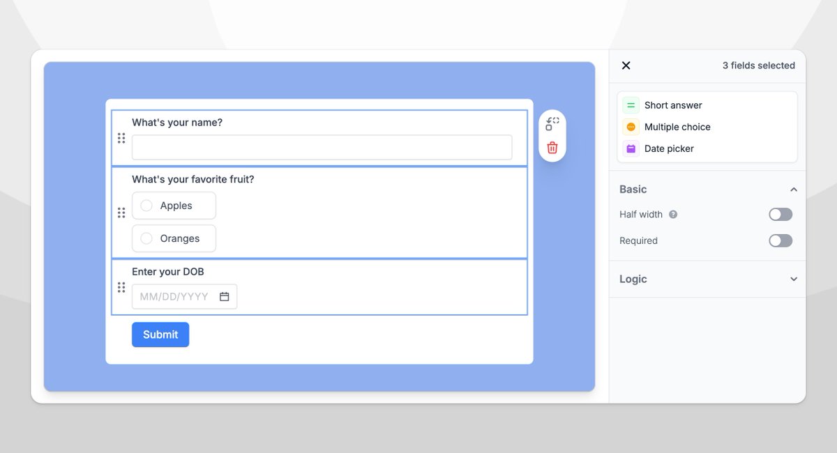 New in Fillout ✨

Our team's shipped a lot of new <a href="/filloutcom/">Fillout</a> features recently, excited to finally share them.

Here's what's new 👇

⚡ Bulk approvals with Fillout workflows

➡️ Move fields between pages

🏗️ Bulk field operations

Drag to select multiple fields. Set logic,