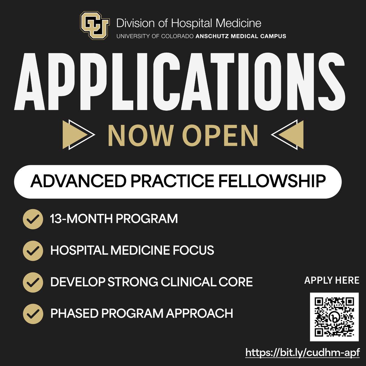 CUDivHospMed's tweet image. Applications are open for our Advanced Practice Fellowship in #HospitalMedicine 🥳
Submit your application by September 30th for a chance to join our September Cohort! Learn more about our incredible program and apply today 👉 bit.ly/cudhm-apf