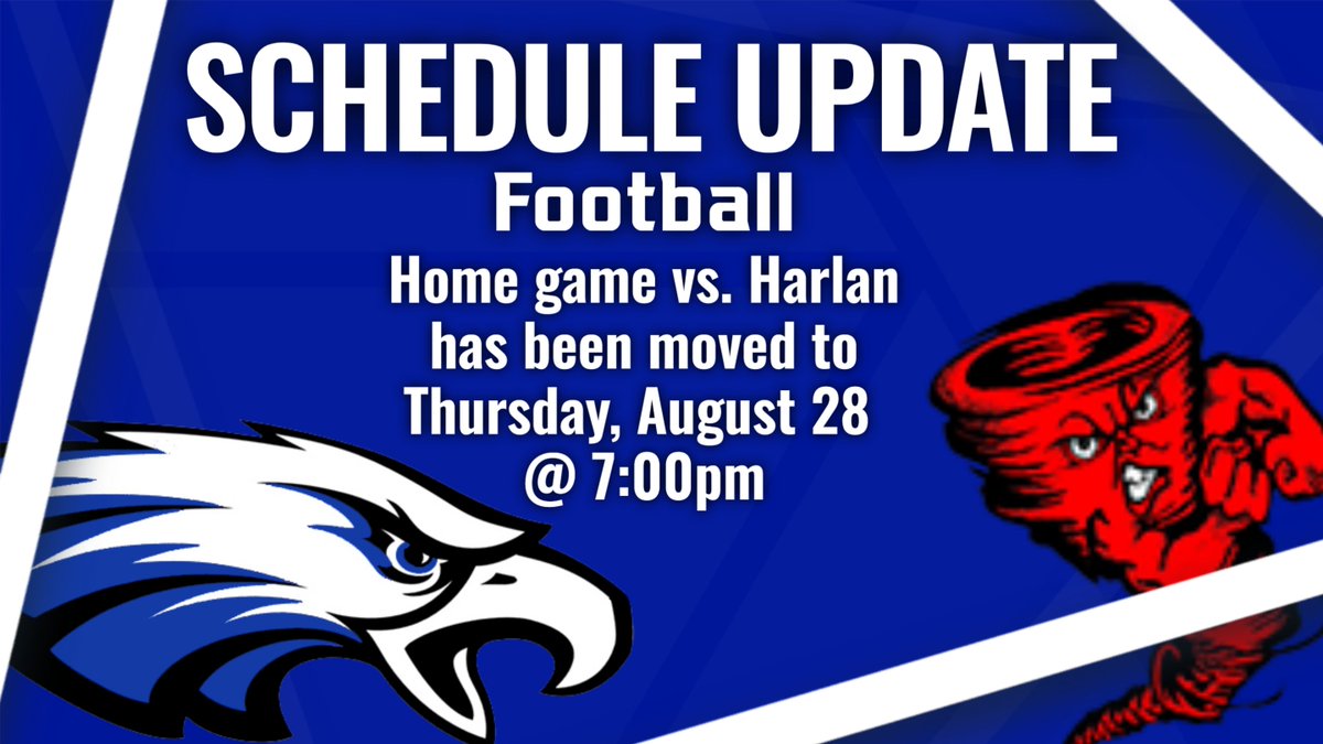 Opening Night for <a href="/U_EagleFootball/">Underwood Football</a>  is coming a day early this fall!

Our season and home opener vs. Harlan has been moved to Thursday, August 28 at 7:00 PM.

Save the date and get ready to kick off the season!  #WeAreTheU