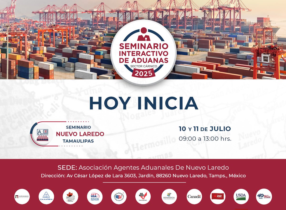 📢 ¡Hoy comienza el Seminario de Aduanas 2025 en Nuevo Laredo!
🗓️ 10 y 11 de julio | ⏰ 9 a 13 h
📍 Asociación Agentes Aduanales de Nuevo Laredo

Gracias a quienes hoy participan en esta jornada de actualización especializada 🇲🇽
#Aduanas2025 #NuevoLaredo #ComercioExterior
