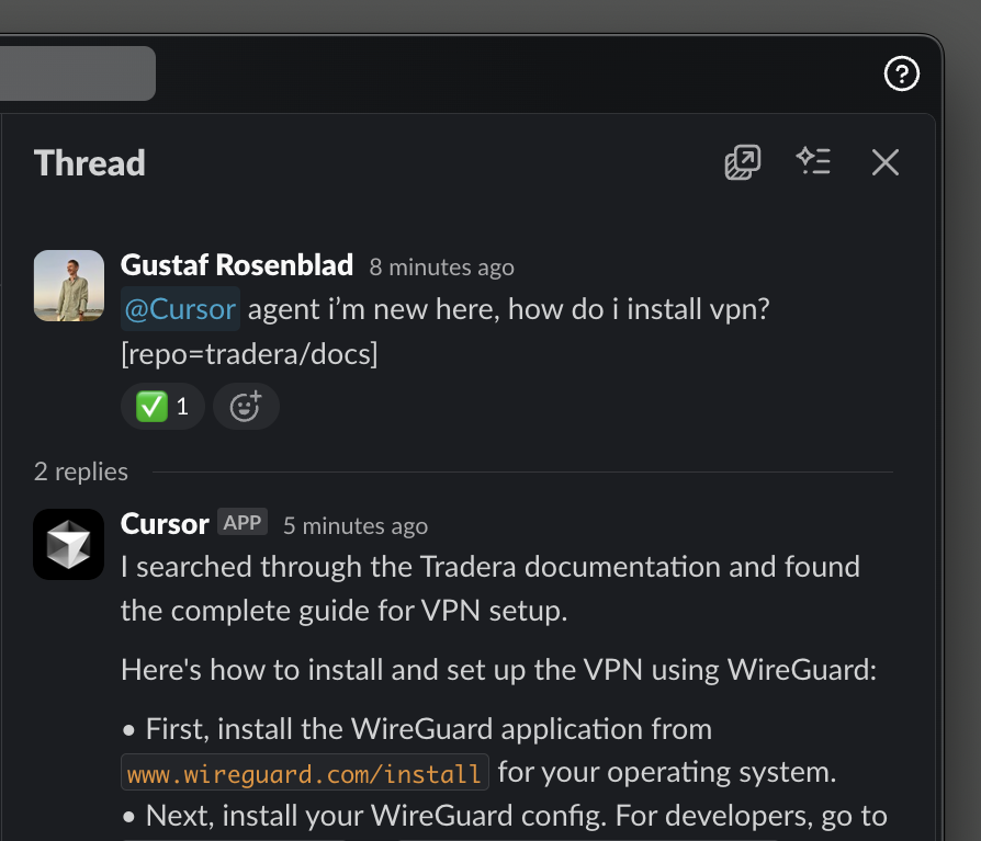 rosecoder's tweet image. just moved our docs repo to github with some basic cursor rules. this allows anyone to ask questions or update the docs directly from slack via background agents.
it's no longer a hassle to search the docs or manually create a PR to keep it up-to-date – just ask @cursor_ai