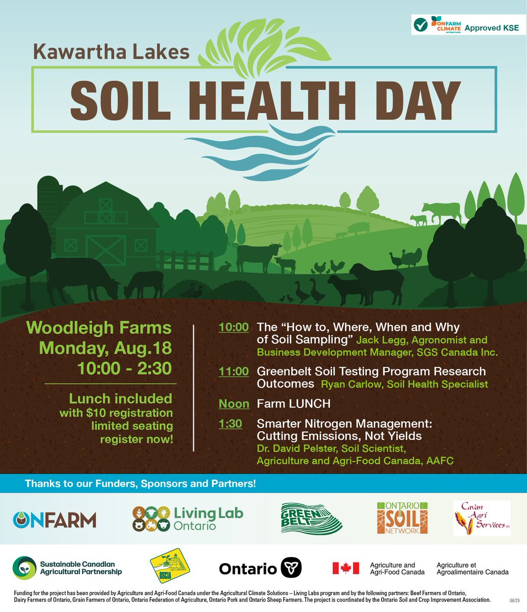 Join us Aug. 18 to learn the how, where, when &amp; why of soil sampling—and why it’s one of the most cost-effective tools for decision-making.

Woodleigh Farms | 10am–2:30pm | $10 incl. lunch

Register: rebrand.ly/7ub9wfi

#AgLivingLab #AgLaboratoireVivant #cdnag #ontag #onfarm