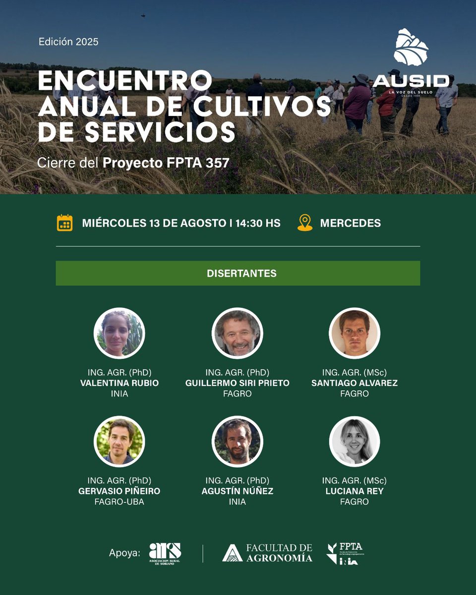 Ausid (@ausid_uy) on Twitter photo 👉𝗘𝗡𝗖𝗨𝗘𝗡𝗧𝗥𝗢 𝗔𝗡𝗨𝗔𝗟 𝗗𝗘 𝗖𝗨𝗟𝗧𝗜𝗩𝗢𝗦 𝗗𝗘 𝗦𝗘𝗥𝗩𝗜𝗖𝗜𝗢: 𝗖𝗶𝗲𝗿𝗿𝗲 𝘆 𝗽𝗿𝗲𝘀𝗲𝗻𝘁𝗮𝗰𝗶ó𝗻 𝗱𝗲 𝗿𝗲𝘀𝘂𝗹𝘁𝗮𝗱𝗼𝘀 𝗴𝗹𝗼𝗯𝗮𝗹𝗲𝘀 𝗱𝗲𝗹 𝗙𝗣𝗧𝗔 𝟯𝟱𝟳
🗓️miércoles 13 de agosto
⏰ 14:30 hs
📍Mercedes
<a href="/RuralSoriano/">Asociación Rural de Soriano</a>
<a href="/FagroUdelar/">Facultad Agronomía</a>
<a href="/INIA_UY/">INIA URUGUAY</a> 👉𝗘𝗡𝗖𝗨𝗘𝗡𝗧𝗥𝗢 𝗔𝗡𝗨𝗔𝗟 𝗗𝗘 𝗖𝗨𝗟𝗧𝗜𝗩𝗢𝗦 𝗗𝗘 𝗦𝗘𝗥𝗩𝗜𝗖𝗜𝗢: 𝗖𝗶𝗲𝗿𝗿𝗲 𝘆 𝗽𝗿𝗲𝘀𝗲𝗻𝘁𝗮𝗰𝗶ó𝗻 𝗱𝗲 𝗿𝗲𝘀𝘂𝗹𝘁𝗮𝗱𝗼𝘀 𝗴𝗹𝗼𝗯𝗮𝗹𝗲𝘀 𝗱𝗲𝗹 𝗙𝗣𝗧𝗔 𝟯𝟱𝟳
🗓️miércoles 13 de agosto
⏰ 14:30 hs
📍Mercedes
<a href="/RuralSoriano/">Asociación Rural de Soriano</a>
<a href="/FagroUdelar/">Facultad Agronomía</a>
<a href="/INIA_UY/">INIA URUGUAY</a>