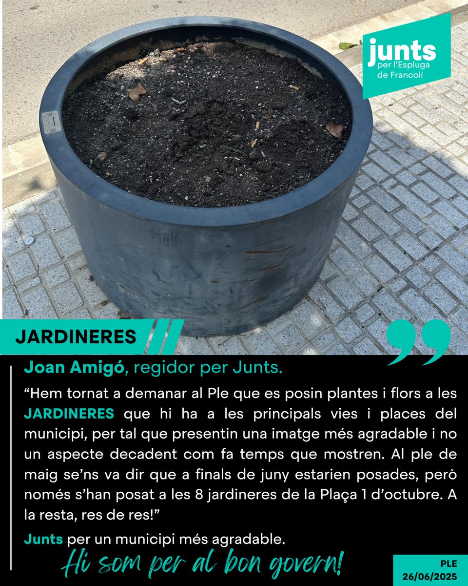 Hem tornat a demanar al Ple que es posin plantesa les jardineres que hi ha a les principals vies i places, per tal que presentin una imatge més agradable i no un aspecte decadent com fa temps que mostren. 
#esplugadefrancoli #JuntsxlEspluga #Espluga2027 #JuntsxCat #FemhoJunts