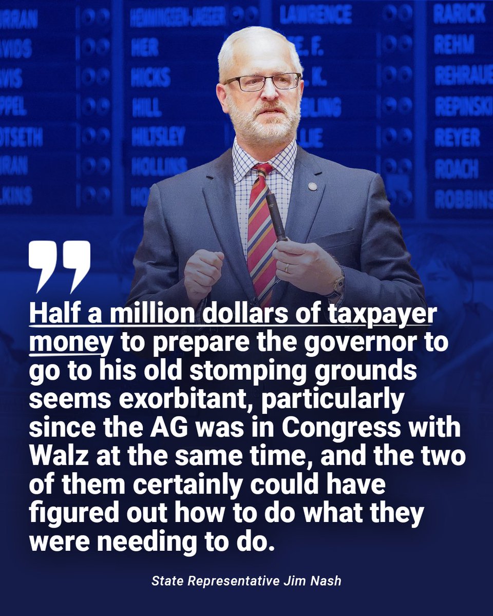 MN House Republicans (@mnhousegop) on Twitter photo Gov. Walz spent $430,000 of your money on D.C. lawyers to prep for a hearing about bills he signed himself. He didn’t need the help, and now hardworking Minnesotans are stuck with the tab. <a href="/JimNashMN/">Rep. Jim Nash</a> Gov. Walz spent $430,000 of your money on D.C. lawyers to prep for a hearing about bills he signed himself. He didn’t need the help, and now hardworking Minnesotans are stuck with the tab. <a href="/JimNashMN/">Rep. Jim Nash</a>