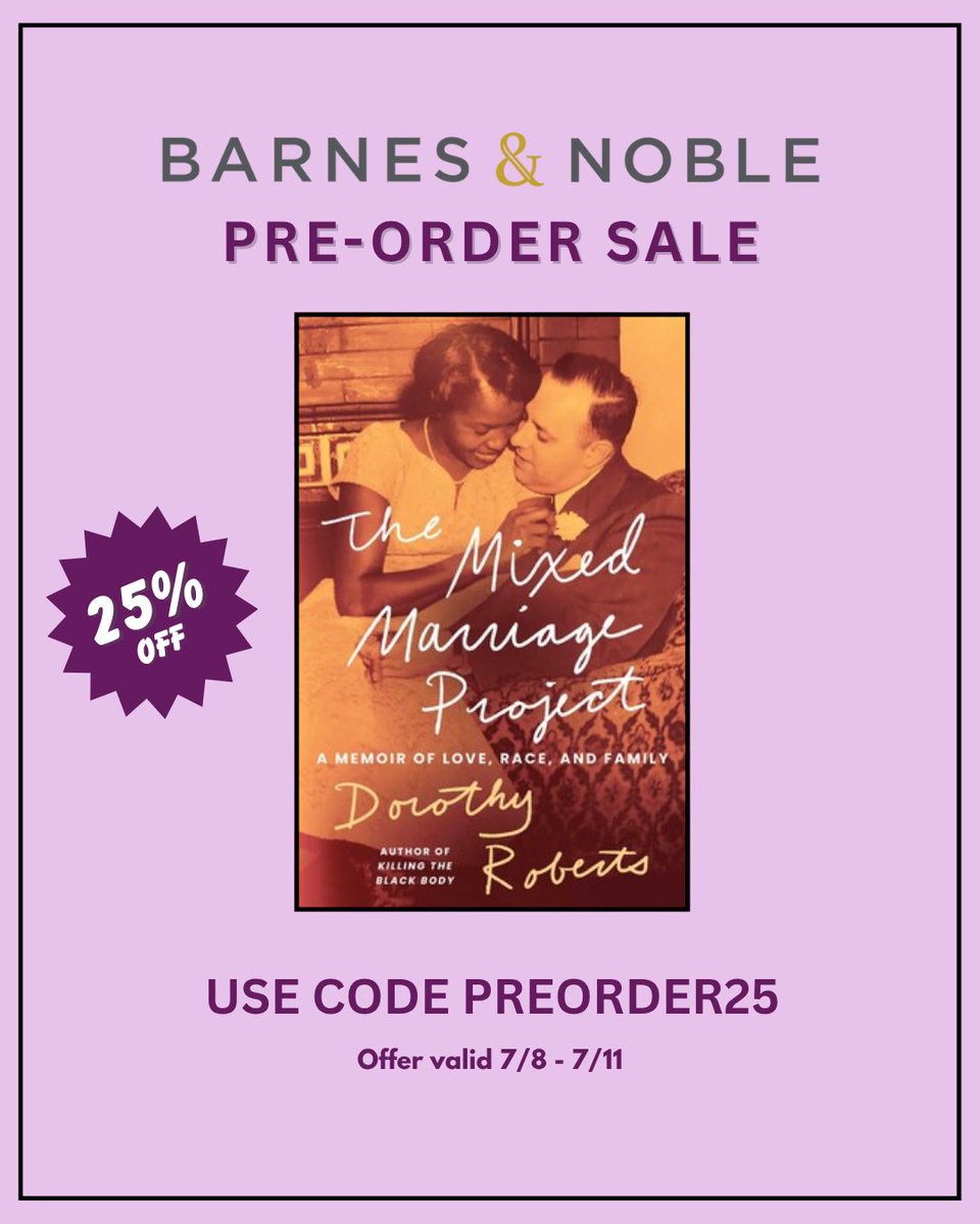 DorothyERoberts's tweet image. THE MIXED MARRIAGE PROJECT tells my story of growing up in an interracial family in 1960s Chicago & later reckoning with my late father’s interviews with hundreds of Black-white couples spanning nearly a century. Today & tomorrow pre-orders are 25% off from Barnes & Noble. 🔥🙏🏾