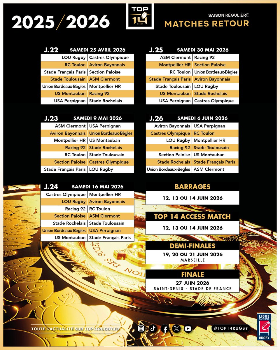 Il est là... le calendrier que vous attendiez tous 📅👀
Le #TOP14 revient dès le 6 septembre pour une nouvelle saison !

On vous attend nombreux dans les tribunes de tous les stades 🏟️