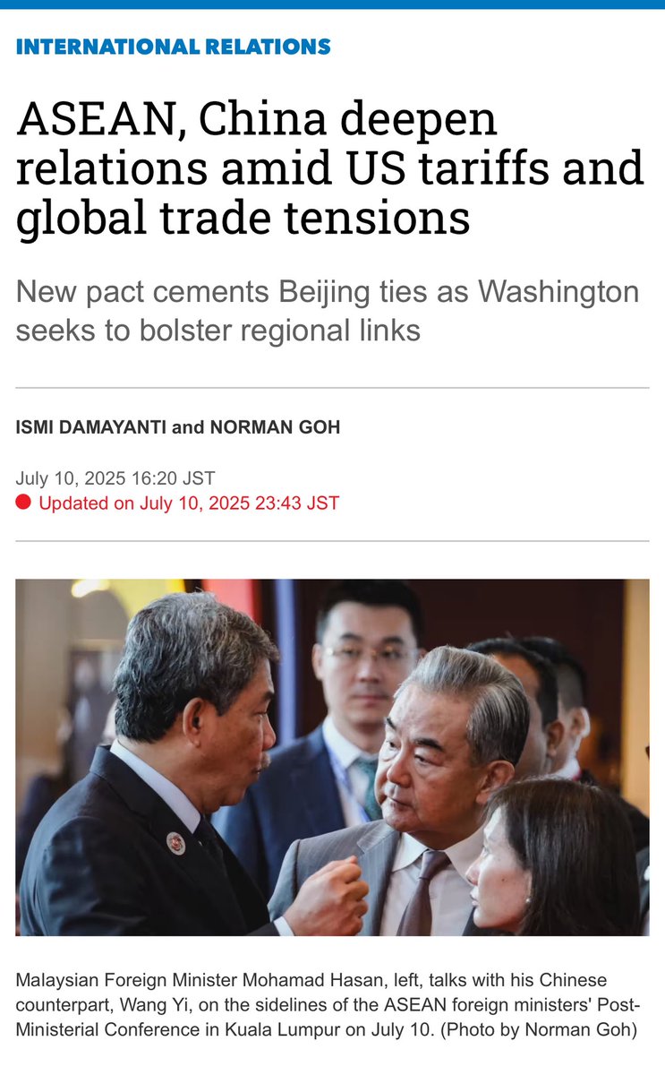 ASEAN foreign ministers on Thursday emphasized the strength of the bloc's relationship with China as they sought to deepen ties with Beijing against the backdrop of new punitive "reciprocal" tariffs threatened by Trump.

asia.nikkei.com/Politics/Inter…