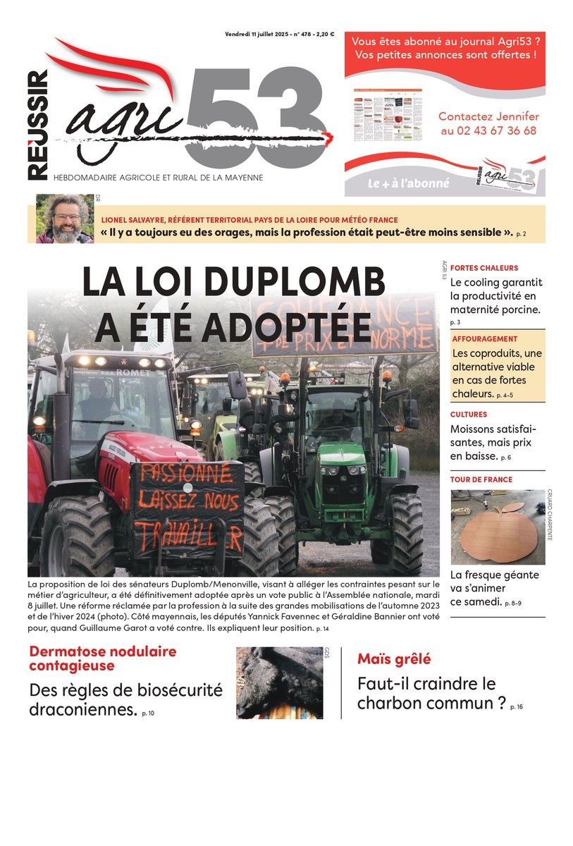 Agri53 (@agri_53) on Twitter photo Demain dans Agri 53, retour sur l'adoption de la loi #Duplomb et les votes des parlementaires mayennais ; un point également avec <a href="/meteofrance/">Météo-France</a> sur les orages et le climat en #Mayenne ; 2 pages sur le <a href="/LeTour/">Tour de France™</a> et la fresque géante de la <a href="/fdsea53/">FDSEA53</a> et des <a href="/JEUNESAGRI53/">JAMAYENNE</a>... Demain dans Agri 53, retour sur l'adoption de la loi #Duplomb et les votes des parlementaires mayennais ; un point également avec <a href="/meteofrance/">Météo-France</a> sur les orages et le climat en #Mayenne ; 2 pages sur le <a href="/LeTour/">Tour de France™</a> et la fresque géante de la <a href="/fdsea53/">FDSEA53</a> et des <a href="/JEUNESAGRI53/">JAMAYENNE</a>...