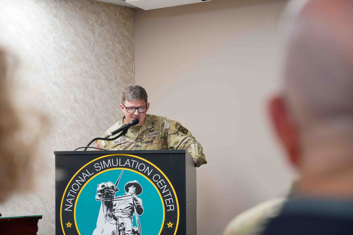 usacac's tweet image. Brig. Gen. Jeremy Wilson, deputy commanding general of the Combined Arms Center - Training, changes responsibility of the National Simulation Center (NSC) from NSC's outgoing director Greg Pavlichko to NSC's incoming director Christopher Johnes July 9, 2025. #ThisWeWillDefend