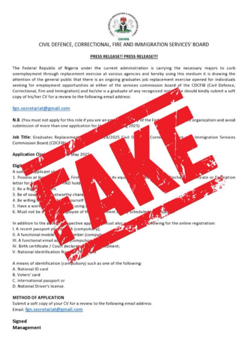 nigimmigration's tweet photo. The Nigeria Immigration Service wishes to caution the public against patronizing fake recruitment websites particularly (https://t.co/T9MPdoVZZZ). 

Applications for advertised vacancies
by the Civil Defence, Correctional, Fire and Immigration Services Board (CDCFIB) will commence on July 14, 2025, via the official portal: 
https://t.co/j61vJ5w07c.