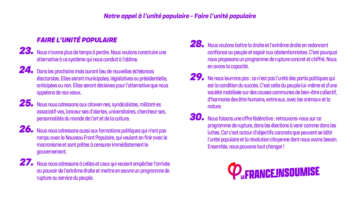 Un autre monde est possible.

Et pour le faire naître, voici notre appel à l'unité populaire, adopté par les insoumis lors de notre Assemblée représentative ⤵️