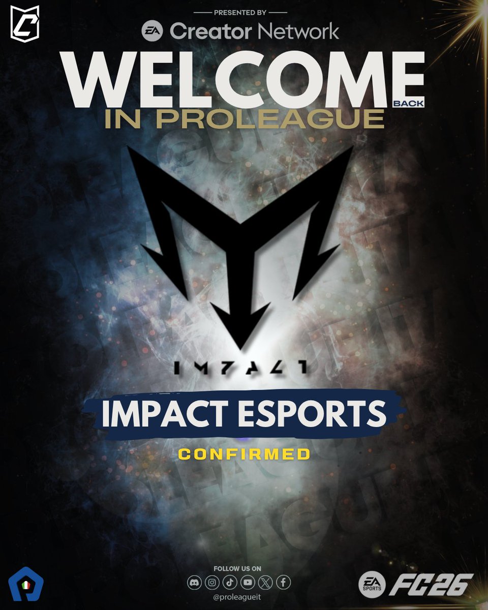 ProLeague Italia (@proleagueitalia) on Twitter photo Siamo lieti di annunciare la riconferma degli <a href="/IMPACT_VPC/">IMPACT VPC</a> per la prossima stagione di #FC26.
Il team sarà inoltre tra i protagonisti dell’esclusiva King's Cup, evento di apertura che riunisce le migliori squadre in una competizione élite.
Invitiamo tutte le squadre ambiziose Siamo lieti di annunciare la riconferma degli <a href="/IMPACT_VPC/">IMPACT VPC</a> per la prossima stagione di #FC26.
Il team sarà inoltre tra i protagonisti dell’esclusiva King's Cup, evento di apertura che riunisce le migliori squadre in una competizione élite.
Invitiamo tutte le squadre ambiziose