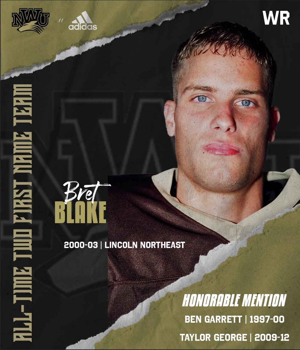 NWUFootball's tweet image. NWU All-Time Two First Name Team
WR: Bret Blake | 2000-03
#FAITH