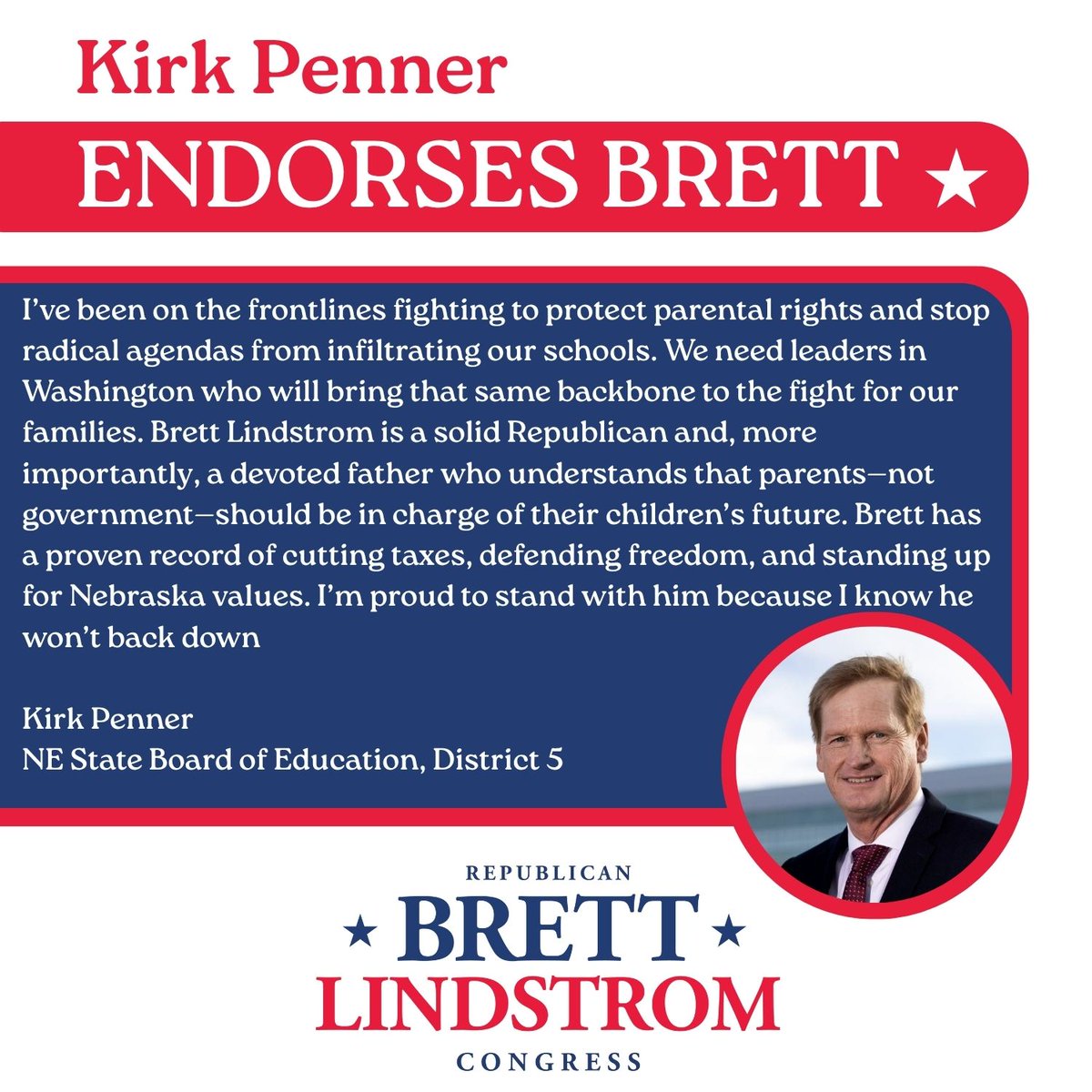 brettlindstrom's tweet image. 🚨 Endorsement Alert 🚨
Conservative leader and family advocate Kirk Penner is proud to endorse Brett Lindstrom for Congress!
Kirk has been a tireless defender of Nebraska families, standing up for parental rights, religious freedom, and pro-family values. We’re honored to have…