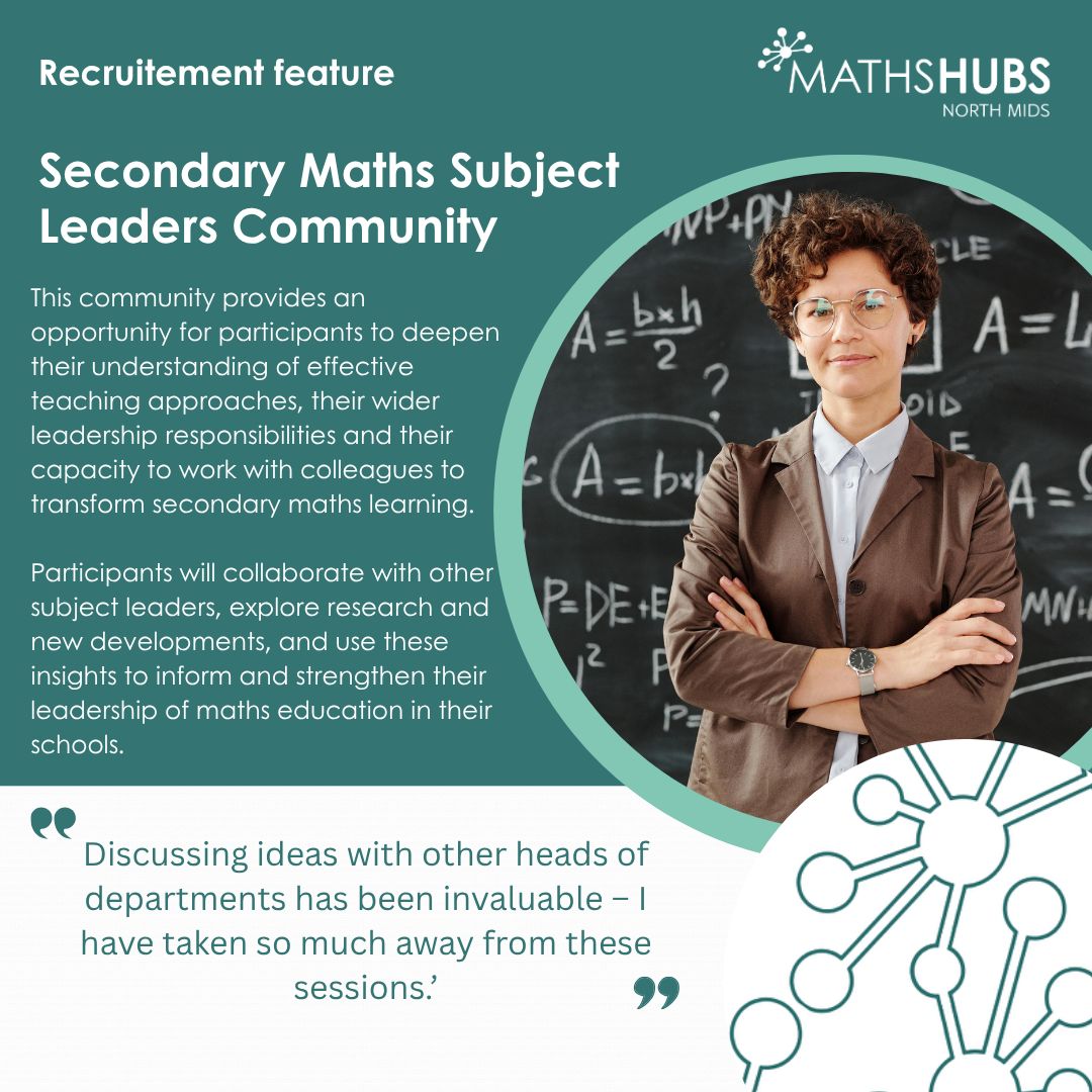 Have you browsed our 2025/26 catalogue yet? We’re spotlighting some of our fully-funded projects — first up:
⭐ Secondary Maths Subject Leaders Community 
Ideal for HoDs &amp; subject leads ready to boost their impact &amp; transform maths learning.

🔗 buff.ly/XrkRg2K

#MathsCPD