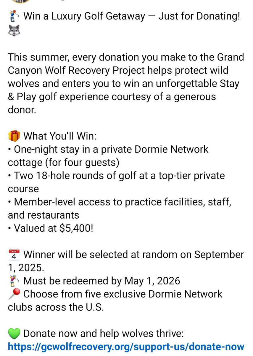🏌️‍♂️ Win a Luxury Golf Getaway — Just for Donating! 🐺

This summer, every donation you make to the Grand Canyon Wolf Recovery Project helps protect wild wolves and enters you to win an unforgettable Stay &amp; Play...

💚 Donate now and help wolves thrive: gcwolfrecovery.org/support-us/don…