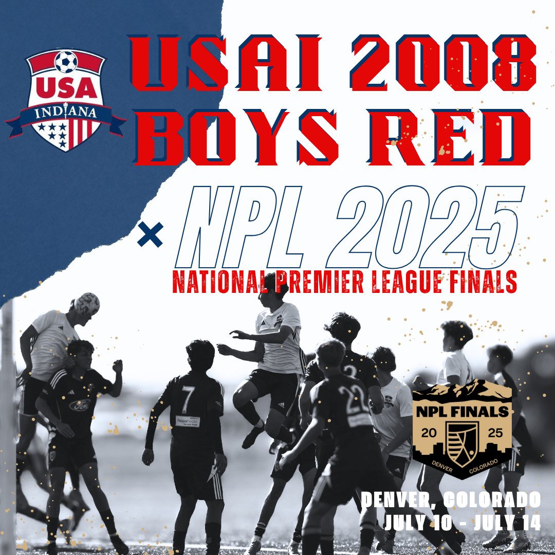 USA of Indiana Youth Soccer (@usaofindiana) on Twitter photo ⛰️ DENVER — <a href="/USAofIndiana/">USA of Indiana Youth Soccer</a> 2008 Boys Red continues its post-season run at the 2025 National Premier League Finals this weekend following the team's USYS Great Lakes Conference Championship win on June 1st.
The boys play at 4:30 EST Thursday, 2:30 EST Friday & 12:30 EST Saturday. ⛰️ DENVER — <a href="/USAofIndiana/">USA of Indiana Youth Soccer</a> 2008 Boys Red continues its post-season run at the 2025 National Premier League Finals this weekend following the team's USYS Great Lakes Conference Championship win on June 1st.
The boys play at 4:30 EST Thursday, 2:30 EST Friday & 12:30 EST Saturday.