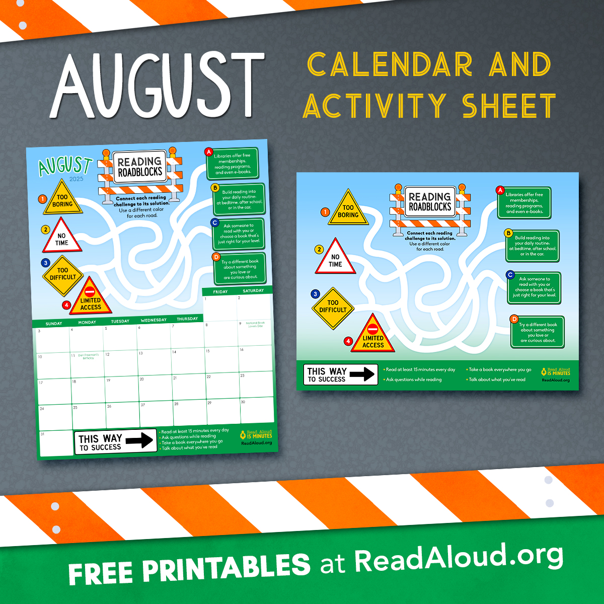 ReadAloud_org's tweet image. 🚧 Reading Roadblocks Ahead! 🚧
This August, help your child get past roadblocks like “too boring” or “no time”. Our free printable calendar comes with a fun maze activity and simple ways to build a daily reading habit. Download it now: readaloud.org/downloads.html…