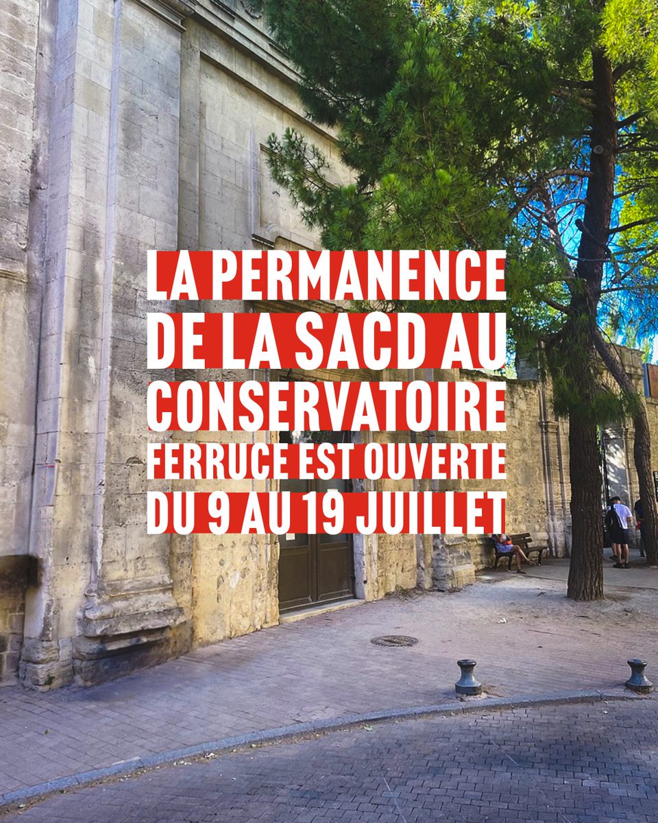 SACDParis's tweet image. La permanence de la SACD au conservatoire, 20 rue Ferruce à Avignon est ouverte du 9 au 19 juillet de 10-12h30 et 14-17h (fermé le 13 et 14 juillet). Retrouvez les équipes de la SACD du lundi au samedi pour informer tous les auteurs et professionnels du spectacle vivant.