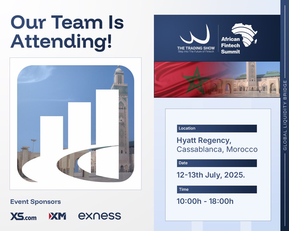 Global Liquidity Bridge is heading to the Morocco, African Fintech Summit - The Trading Show on July 12th-13th, 2025!

We're thrilled to be part of this key event, connecting with industry leaders and exploring the vibrant fintech landscape in Africa.