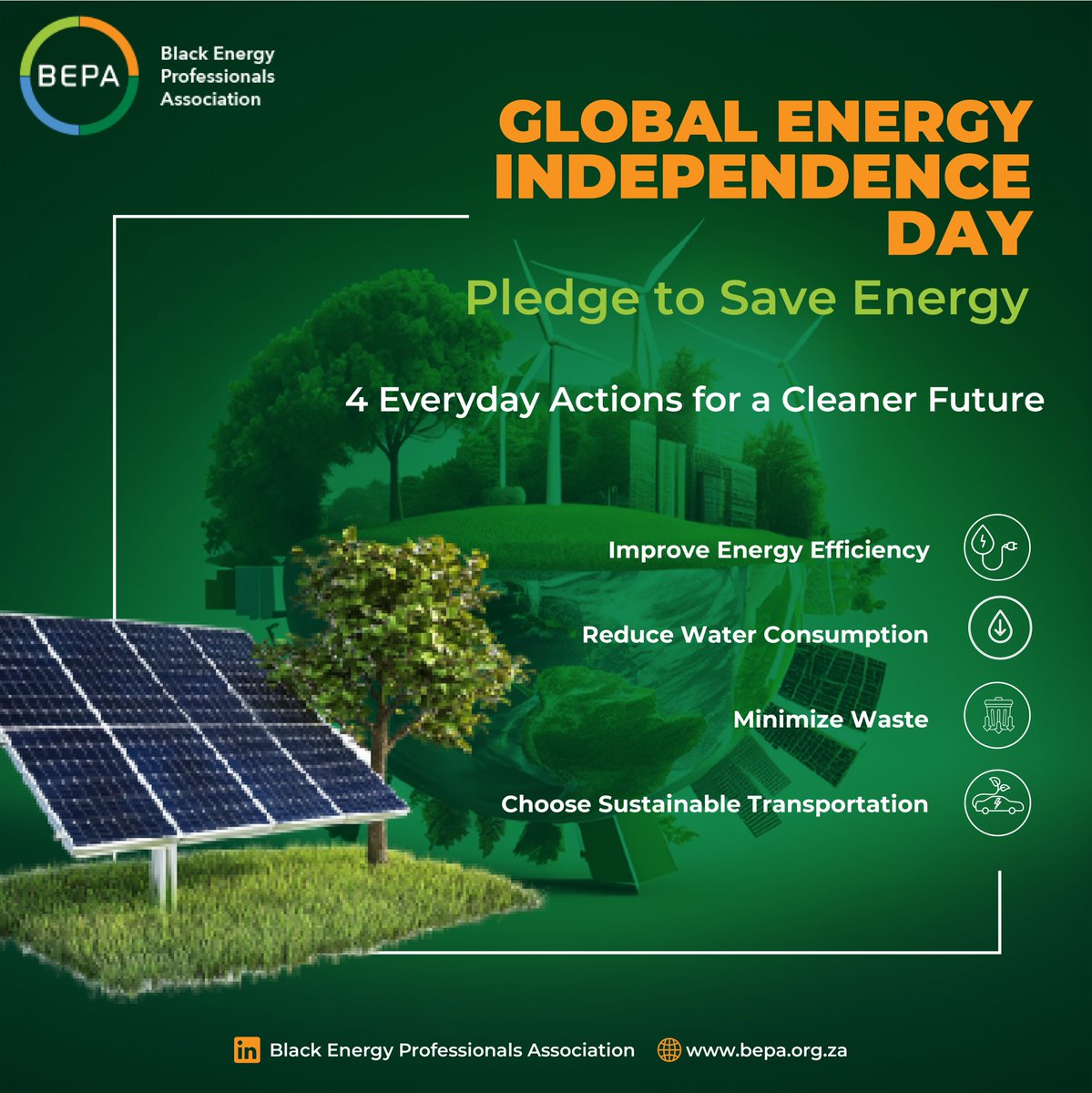 Today is Global Energy Independence Day, a call to reduce our energy footprint &amp; embrace clean, renewable power.
Let’s build a sustainable future together.
Take the pledge to save energy today!
#BEPA #EnergyIndependence #Sustainability