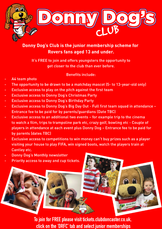 _Sandringham's tweet image. Following a great visit from Doncaster Rovers this morning, the players and Donny Dog are offering free child tickets to one of the two games listed in the attachment! Please read the attachments for more information!