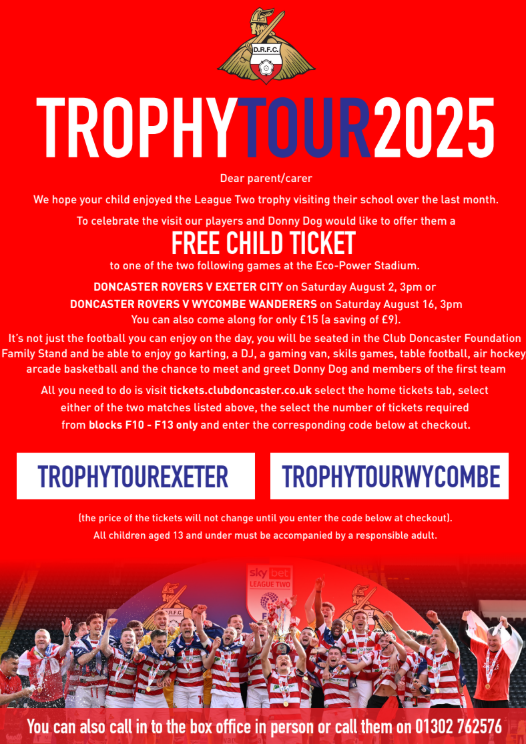 _Sandringham's tweet image. Following a great visit from Doncaster Rovers this morning, the players and Donny Dog are offering free child tickets to one of the two games listed in the attachment! Please read the attachments for more information!