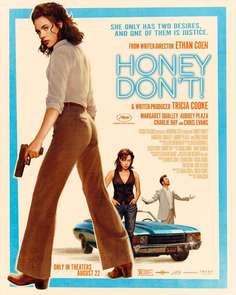 aubreyplzabr's tweet image. BEST PICTURE! 🎬 Novo poster do filme “Honey Don’t”, estrelando Aubrey Plaza, Margaret Qualley e Chris Evans. 🖤