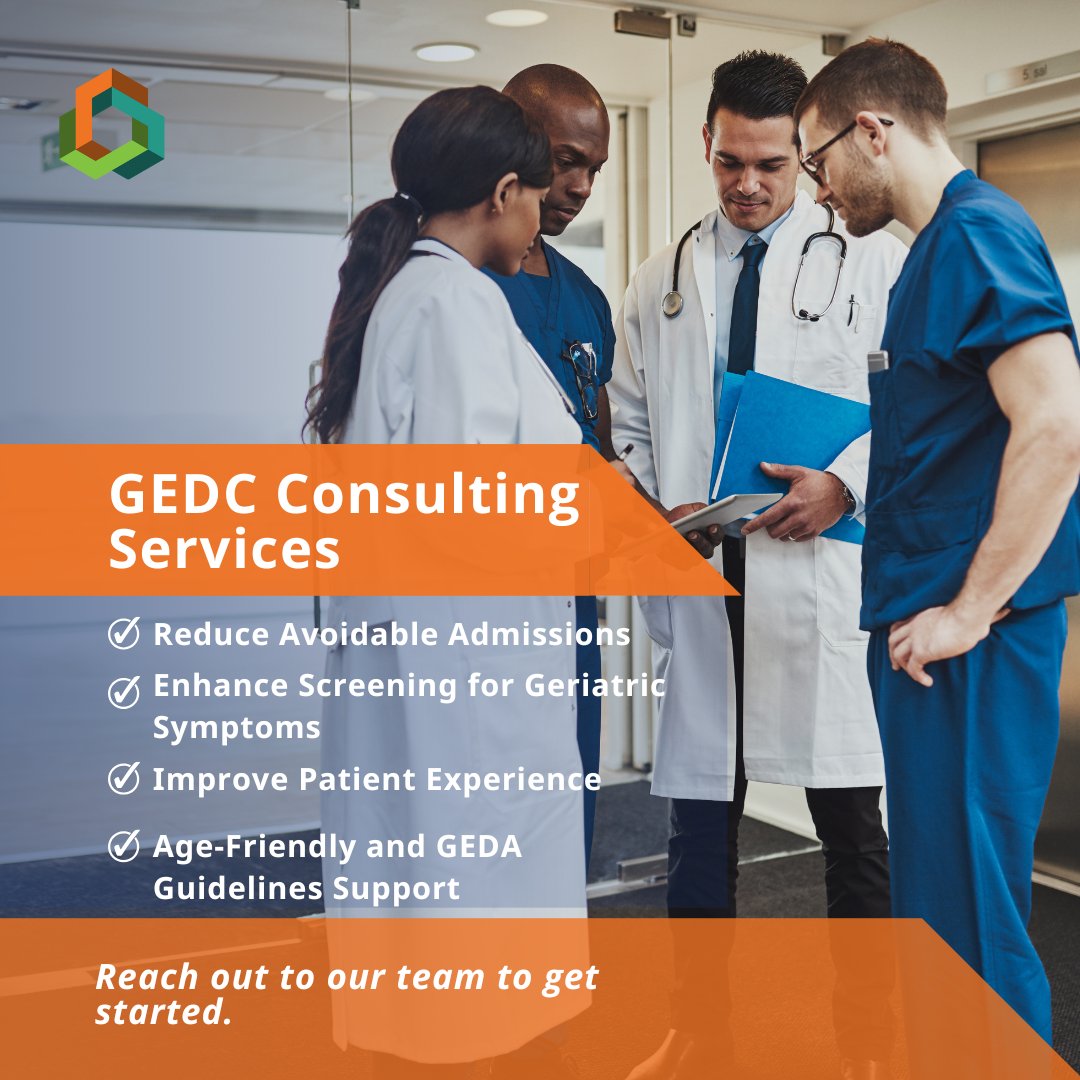 theGEDC's tweet image. GEDC Consulting supports hospitals and health systems in delivering quality, age-friendly care through comprehensive ED evaluations, evidence-based improvement strategies, tailored operational improvements and workforce education. Get in touch with our team:…