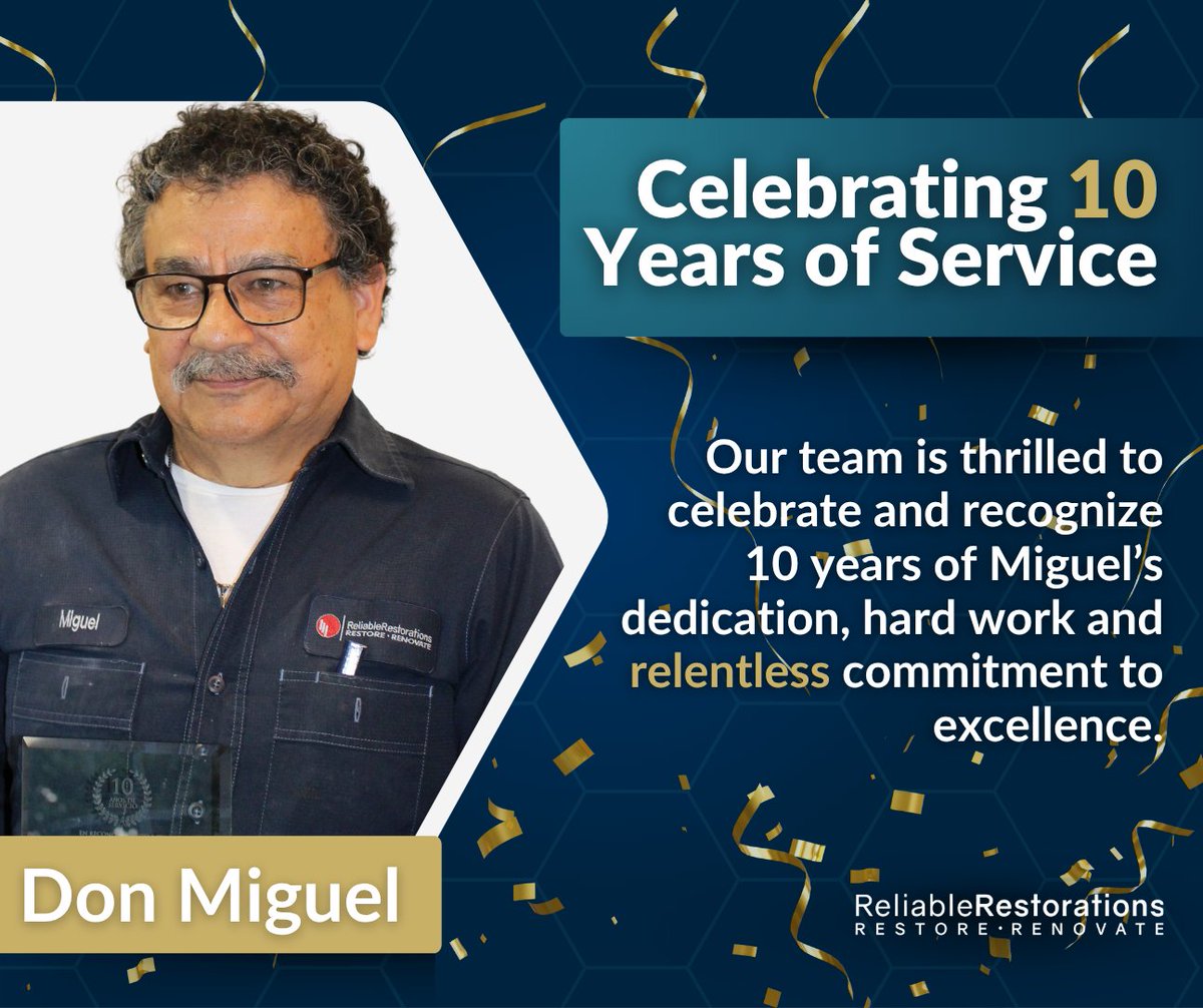 RestoreRenovate's tweet photo. We are thrilled to celebrate 10 years of working with Don Miguel and appreciate everything he does for the Reliable team! His impact on our team and our clients comes directly from his hard work, loyalty and relentless dedication. 

#10YearAnniversary #RelentlesslyReliable https://t.co/7TIwWbIW5d