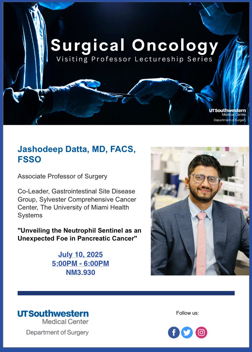 DrJashDatta's tweet image. Honored to be invited to @UTSW_Surgery @utswcancer to discuss cancer science&amp;amp;surgery w/ amazing #SurgOnc faculty/trainees at this outstanding dept. Thx @AdamYopp for the kind invitation. Look fwd to seeing old friends &amp;amp; making new connections #pancsm