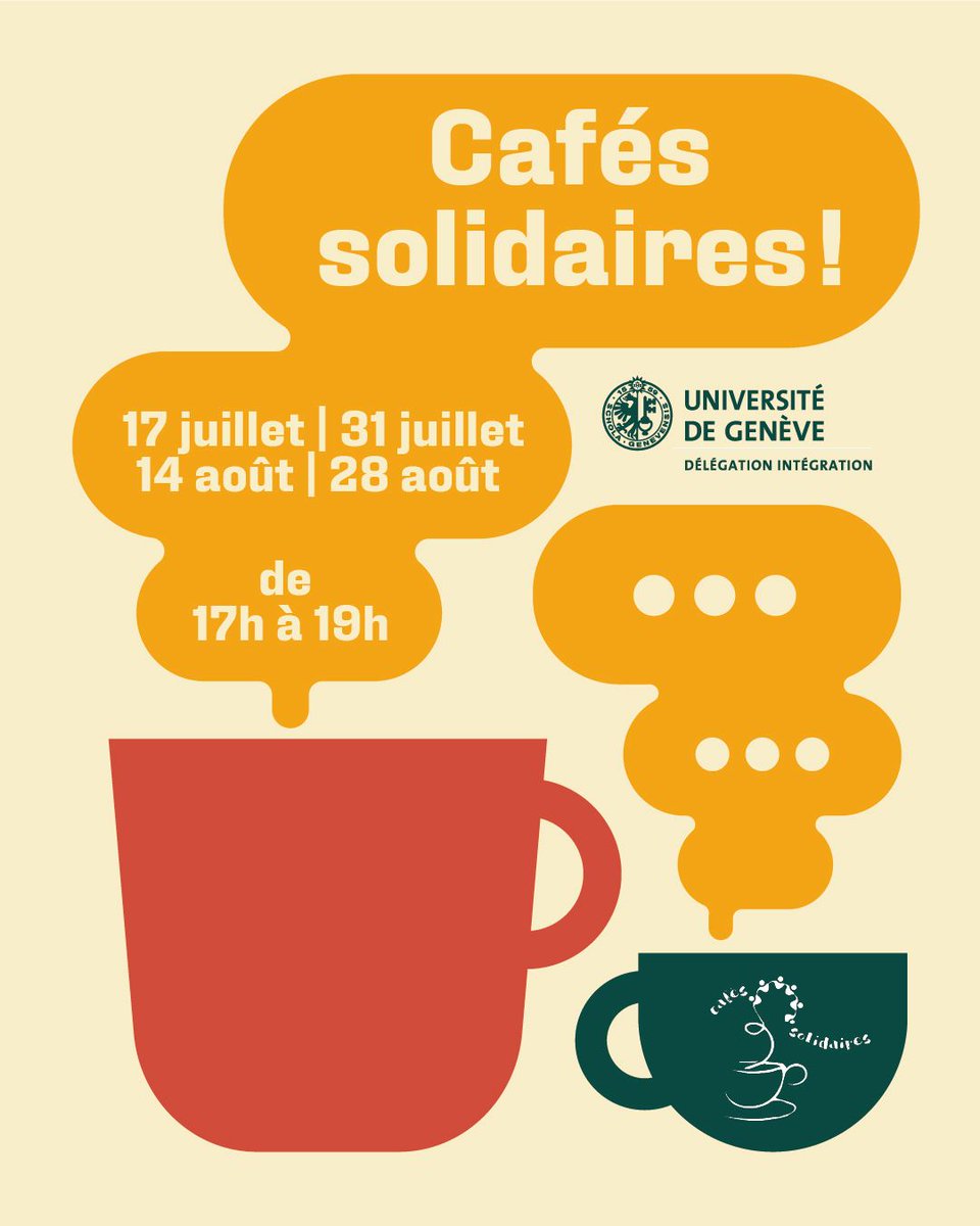 UNIGEnews's tweet image. Cet été, retrouvez les Cafés Solidaires en extérieur ☕
Co-organisés avec le mentorat Horizon académique de l'UNIGE dans le cadre de ses activités estivales, ces événement visent à favoriser la cohésion sociale, encourager les rencontres interculturelles et créer un espace…