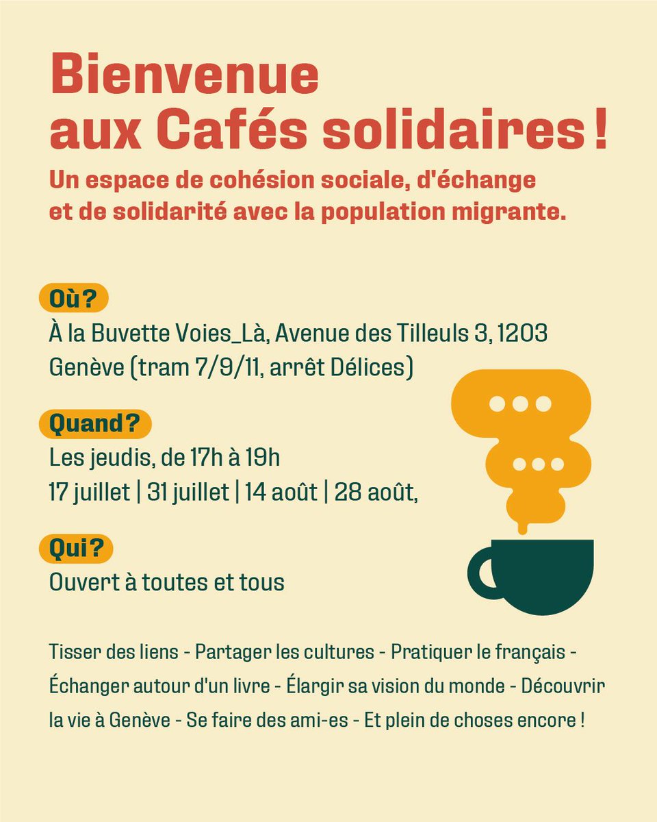 UNIGEnews's tweet image. Cet été, retrouvez les Cafés Solidaires en extérieur ☕
Co-organisés avec le mentorat Horizon académique de l'UNIGE dans le cadre de ses activités estivales, ces événement visent à favoriser la cohésion sociale, encourager les rencontres interculturelles et créer un espace…