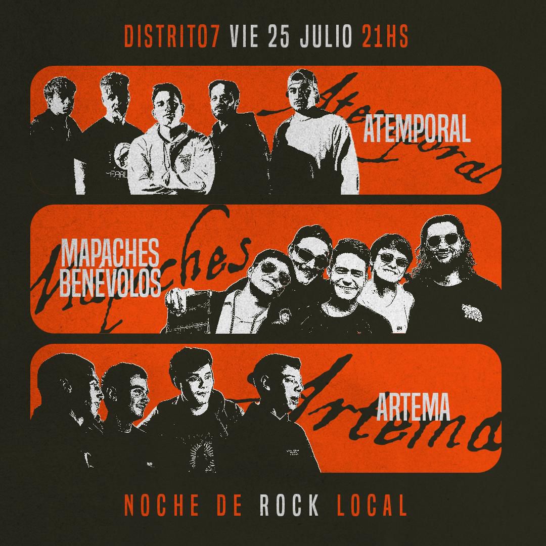 VIERNES 25 DE JULIO - 21hs

Vuelven a tocar los amigos de Atemporal, en una noche explosiva acompañados de Los Mapaches Benévolos y Artema.

📍 Distrito Siete • Ov. Lagos 790

Últimas anticipadas en venta en el link
compras.evento-simple.com/lmb/eventos/di…